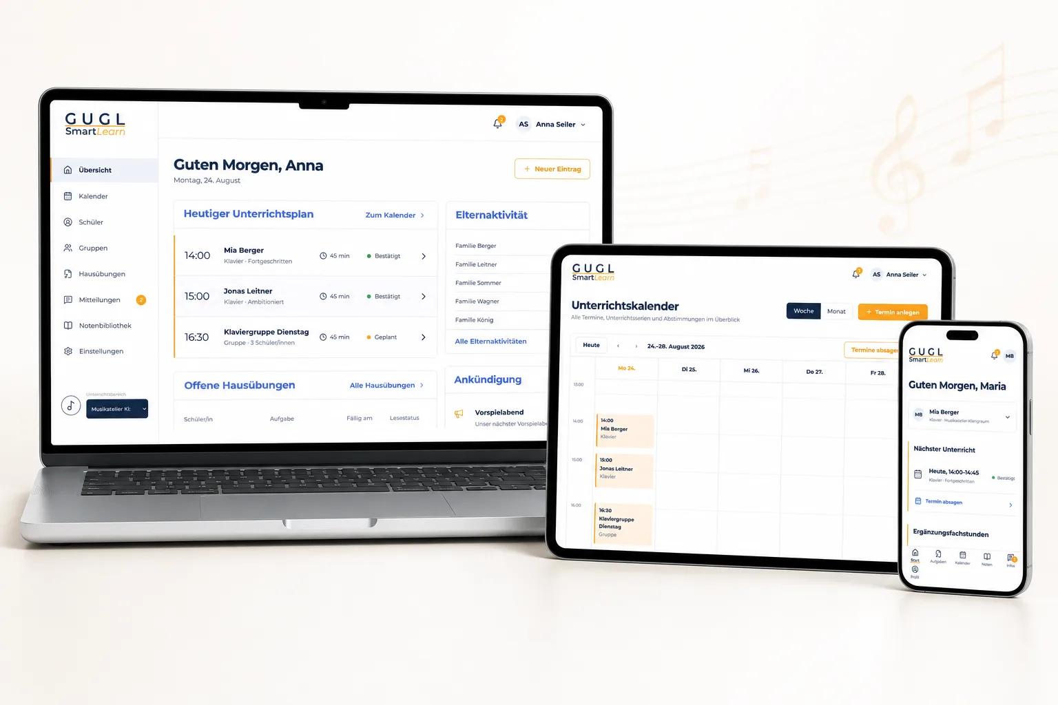 GUGL SmartLearn auf Notebook, Tablet und Smartphone: Unterrichtsplan, Kalender und Übersicht