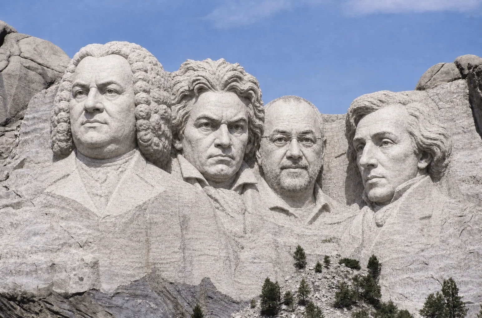 Fiktive Mount-Rushmore-Darstellung mit Bach, Beethoven, Chopin und Günther Gugl