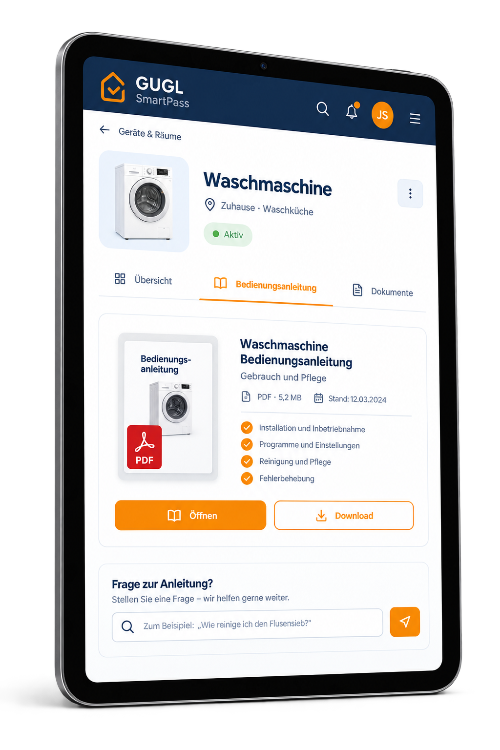 Bedienungsanleitung in SmartPass auf einem Tablet